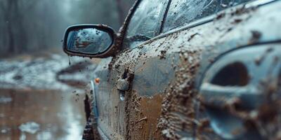 AI Generated closeup side mirror of dirty jeep. photo