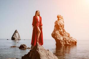 Woman travel sea. Young Happy woman in a long red dress posing on a beach near the sea on background of volcanic rocks, like in Iceland, sharing travel adventure journey photo