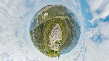 Wide panoramic view on mountain landscape with lush green hills under clear blue sky, tranquil natural beauty, perfect for outdoor enthusiasts. Little planet 360 panorama photo