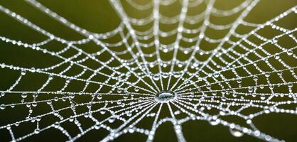 AI Generated Spiderweb, dew, morning - glistens with morning dew, natural light, represents nature beauty. Dew drops embellish spiderweb, calm of morning, indicates nature resilience. photo