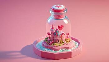 AI Generated Valentine Day glass jar with Miniature scene, illustrate romantic gift, heart decorations, fantasy world with pink colors photo