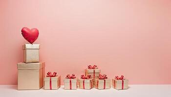 AI Generated Pink hearts and stars on peach backdrop with wrapped present boxes. Valentine Day and Women's Day celebrations, birthday party invitations. Copy space for text photo