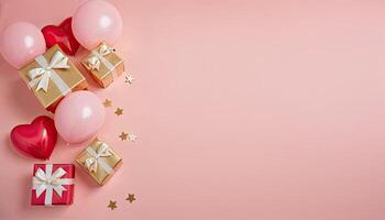 AI Generated Pink hearts and stars on peach backdrop with wrapped present boxes. Valentine Day and Women's Day celebrations, birthday party invitations. Copy space for text photo