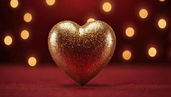 AI Generated Love, Heart, Celebration. heart on textured surface beneath, soft focus golden lights create bokeh in background. Celebration card or romantic events invitation. Valentine day photo