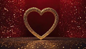 AI Generated Love, Heart, Celebration. heart on textured surface beneath, soft focus golden lights create bokeh in background. Celebration card or romantic events invitation. Valentine day photo