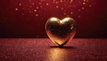 AI Generated Love, Heart, Celebration. heart on textured surface beneath, soft focus golden lights create bokeh in background. Celebration card or romantic events invitation. Valentine day photo