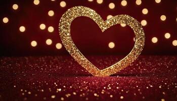 AI Generated Love, Heart, Celebration. heart on textured surface beneath, soft focus golden lights create bokeh in background. Celebration card or romantic events invitation. Valentine day photo