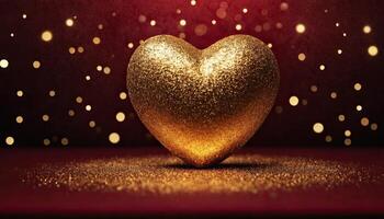 AI Generated Love, Heart, Celebration. heart on textured surface beneath, soft focus golden lights create bokeh in background. Celebration card or romantic events invitation. Valentine day photo