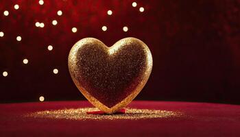 AI Generated Love, Heart, Celebration. heart on textured surface beneath, soft focus golden lights create bokeh in background. Celebration card or romantic events invitation. Valentine day photo