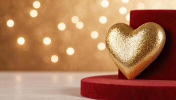 AI Generated Love, Heart, Celebration. heart on textured surface beneath, soft focus golden lights create bokeh in background. Celebration card or romantic events invitation. Valentine day photo