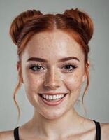 AI Generated Redhead woman portrait. Happy smiling lady with freckles and vibrant redhead braids. photo