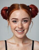 AI Generated Redhead woman portrait. Happy smiling lady with freckles and vibrant redhead braids. photo
