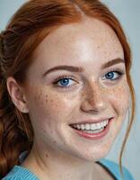 AI Generated Redhead woman portrait. Happy smiling lady with freckles and vibrant redhead braids. photo