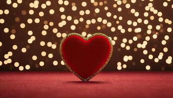 AI Generated Love, Heart, Celebration. heart on textured surface beneath, soft focus golden lights create bokeh in background. Celebration card or romantic events invitation. Valentine day photo