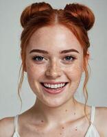 AI Generated Redhead woman portrait. Happy smiling lady with freckles and vibrant redhead braids. photo