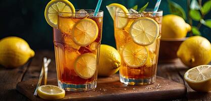 AI Generated ice lemon tea, lemon, Served on wooden surface, Accompanied by lemon slices, set against warm ambient lighting evokes sense of refreshment photo