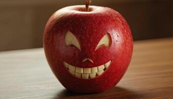 AI Generated Apple evil smiling - carved evil smile on apple, wooden surface, indoor lighting. photo
