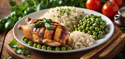 AI Generated Grilled chicken, with rice and green peas served on plate, wooden rustic table background. Close-up view, grilled chicken thigh with grill marks, surrounded by rice and green peas . photo