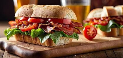 AI Generated sandwich with extra bacon, seed bread displayed on wooden board in rustic diner. Close-up view, BLT sandwich, grill marks, photo