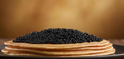 AI Generated Pancakes with caviar for breakfast highlight luxury morning meal. Golden stack of thin pancakes or blini topped with black caviar photo