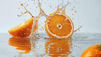 ai generado naranja rebanadas en agua suave superficie. brillante vertical en mojado superficie foto