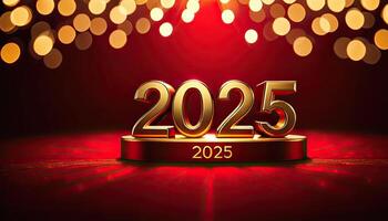 AI Generated Golden digits 2025 on dark red background with bokeh lights, festive atmosphere, ideal for New Year event promotions photo