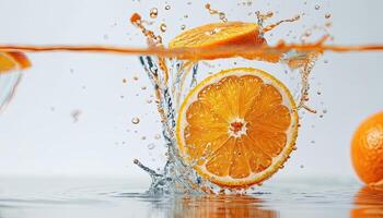 AI Generated Orange slices in water smooth surface. Bright upright on wet surface photo