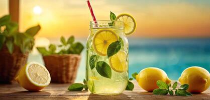 AI Generated Lemonade with lemons and mint leaves, tall glass of lemonade on rustic wooden table. Served chilled, enhancing freshness, evokes sense of summer refreshment. photo