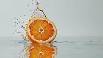 AI Generated Orange slices in water smooth surface. Bright upright on wet surface photo