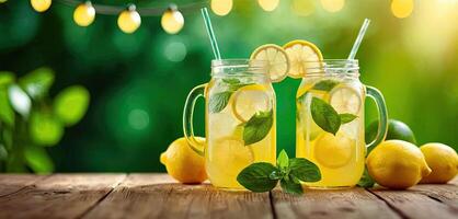 AI Generated Lemonade with lemons and mint leaves, tall glass of lemonade on rustic wooden table. Served chilled, enhancing freshness, evokes sense of summer refreshment. photo