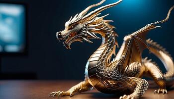 AI Generated Dragon sculpture from bent wire. Creative figures symbolizing power and success in Chinese culture, especially in the Year of the Dragon, 2024. Present for Chinese New Year of 2024 photo