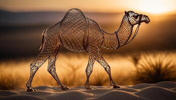 AI Generated camel bent wire animal figure on blurred backdrop, abstract wire animal creative figures, art and imagination intersection. photo