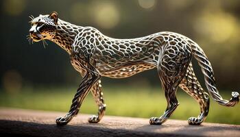 AI Generated leopard bent wire animal figure on blurred backdrop, abstract wire animal creative figures, art and imagination intersection. photo