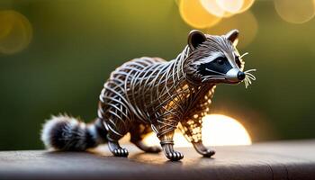 AI Generated Raccoon bent wire animal figure on blurred backdrop, abstract wire animal creative figures, art and imagination intersection. photo