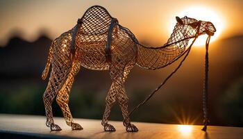 AI Generated camel bent wire animal figure on blurred backdrop, abstract wire animal creative figures, art and imagination intersection. photo