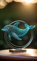 AI Generated dolphin bent wire figure on blurred backdrop, abstract wire dolphin creative figures, art and imagination intersection. photo