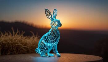 AI Generated rabbit bent wire figure on blurred backdrop, abstract wire hare creative figures, art and imagination intersection. photo