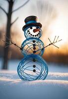 AI Generated Snowman bent wire figure on blurred backdrop with snowy landscape, dusk during Christmas season, abstract wire creative figures, art and imagination intersection. photo