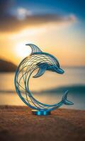 AI Generated dolphin bent wire figure on blurred backdrop, abstract wire dolphin creative figures, art and imagination intersection. photo