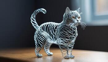 AI Generated cat bent wire figure on blurred backdrop, abstract wire cat creative figures, art and imagination intersection. photo