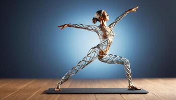AI Generated Woman in yoga pose, bent wire figure on blue backdrop, Creative figures symbol of yoga and harmony, art and serenity intersection. Female fitness yoga routine concept. Healthy lifestyle. photo