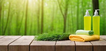 AI Generated Cleaning supplies and cloth towel on wooden table. Bottles of cleaning products on a wooden surface outdoors. Green field and sky backdrop. Products for eco-friendly cleaning. photo