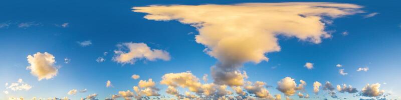 Golden glowing sunset sky panorama with Cirrus clouds. Hdr seamless spherical equirectangular 360 panorama. Sky dome or zenith for 3D visualization and sky replacement for aerial drone 360 panoramas. photo