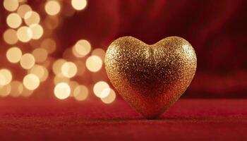 AI Generated Love, Heart, Celebration. heart on textured surface beneath, soft focus golden lights create bokeh in background. Celebration card or romantic events invitation. Valentine day photo