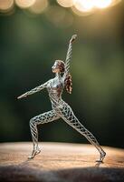 AI Generated Woman in yoga pose, bent wire figure on nature backdrop, Creative figures symbol of yoga and harmony, art and serenity intersection. Female fitness yoga routine concept. Healthy lifestyle photo