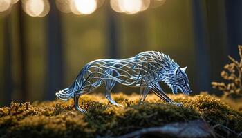 AI Generated wolf bent wire figure on blurred backdrop, abstract wire animal creative figures, art and imagination intersection. photo