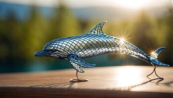 AI Generated dolphin bent wire figure on blurred backdrop, abstract wire dolphin creative figures, art and imagination intersection. photo