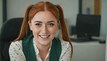 AI Generated Redhead woman office portrait. Happy smiling lady with freckles and vibrant redhead braids portrait on workplace. photo