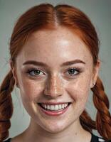 AI Generated Redhead woman portrait. Happy smiling lady with freckles and vibrant redhead braids. photo