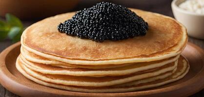 AI Generated Pancakes with caviar for breakfast highlight luxury morning meal. Golden stack of thin pancakes or blini topped with black caviar photo